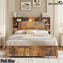 Full Size Bed Frame with Bookcase Storage Headboard