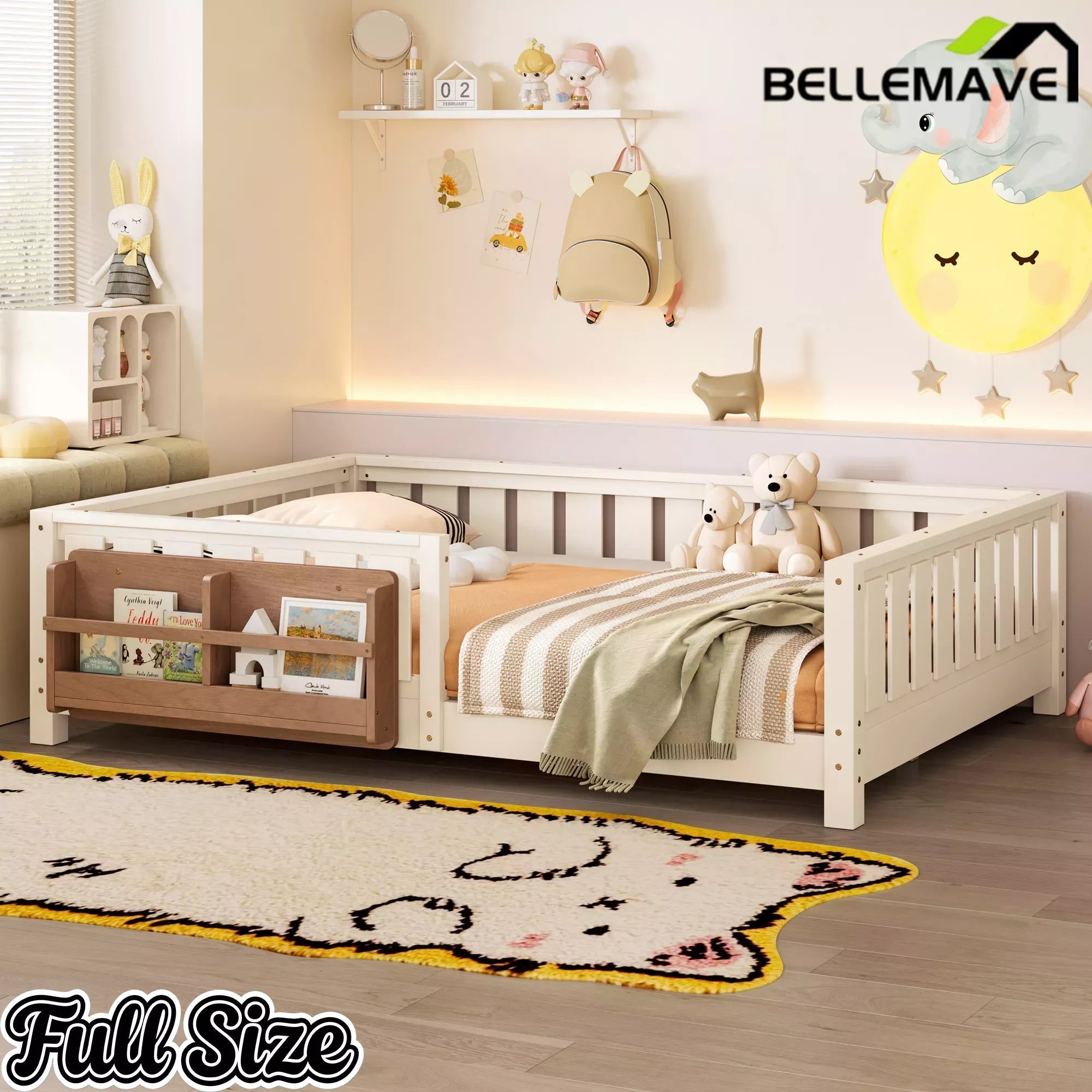 Bellemave® Kids Montessori Floor Bed with Safety Guardrails, Built-in Bookcase & Wooden Slats — Twin, Full, Queen Sizes Bellemave®