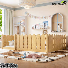 Bellemave® Solid Wood Montessori Floor Bed with Fence Guardrails, Low Profile Kids Floor Bed Frame