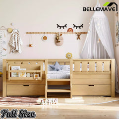 Bellemave® Kids Twin Size Montessori Bed Frame with Built-in Storage Shelves and Drawers, Floor Bed with Staircase and Full-Length High Rails,for Boys, Girls, Wood,Easy Assemble Bellemave®