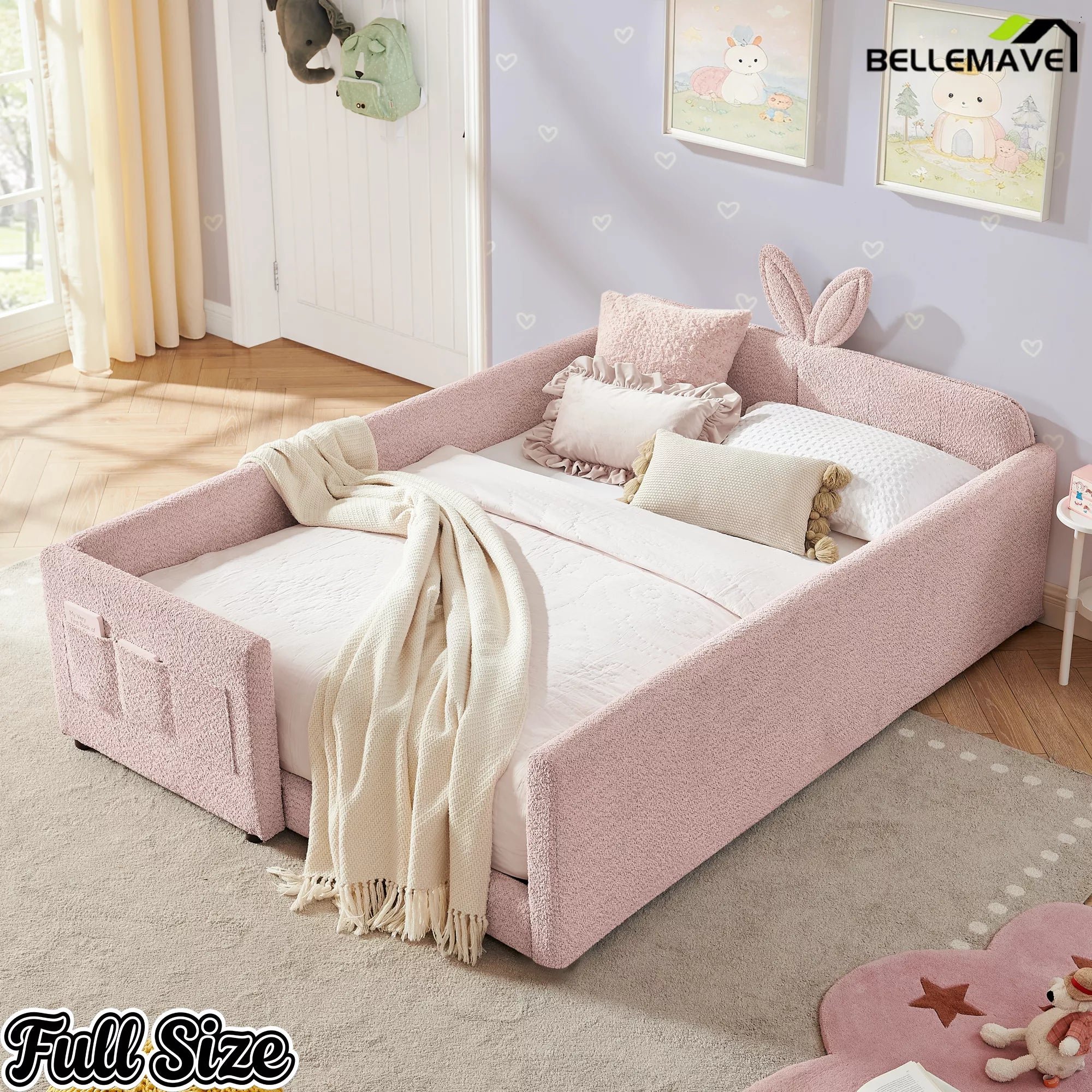 Girl Full Size Bunny Ear Kids Bed, Boucle Fabric Upholstered Platform Bed Frame with Full Safety Rails and Side Storage Pockets, Pink