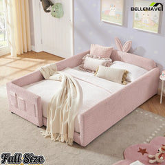Girl Full Size Bunny Ear Kids Bed, Boucle Fabric Upholstered Platform Bed Frame with Full Safety Rails and Side Storage Pockets, Pink