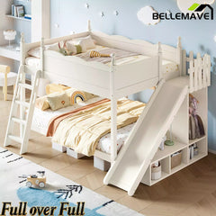 Bellemave® Full over Full Bunk Bed with Storage Shelves,Solid Wood Bed with Slide & Ladders, Low Profile Design Bellemave®