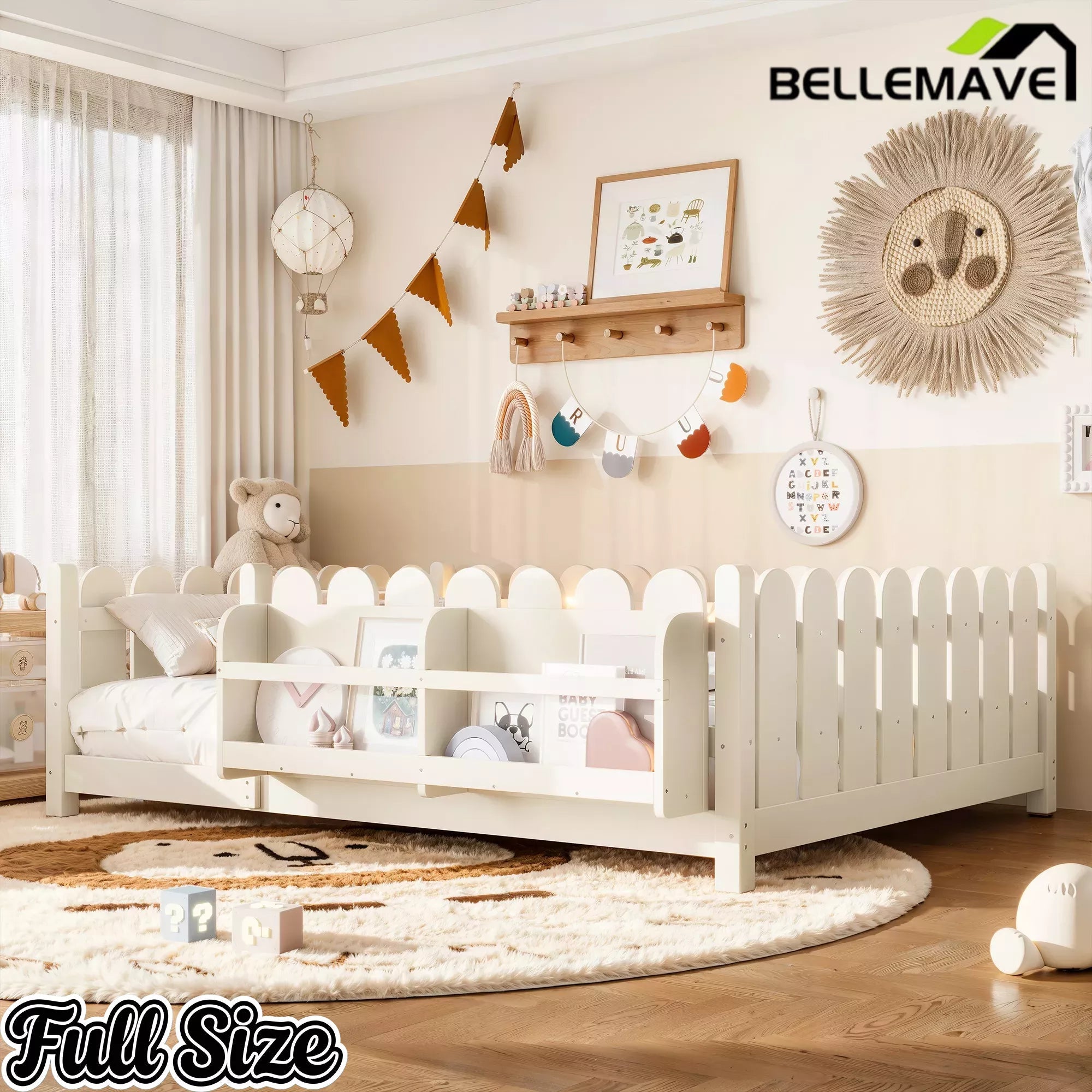 Bellemave® Solid Wood Montessori Floor Bed with High Fence Guardrails, Bookshelf & LED Light, Low Profile Kids Bed Frame Bellemave®