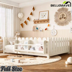 Bellemave® Solid Wood Montessori Floor Bed with High Fence Guardrails, Bookshelf & LED Light, Low Profile Kids Bed Frame Bellemave®