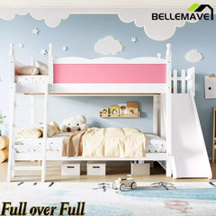 Bellemave® Full over Full Bunk Bed with Storage Shelves,Solid Wood Bed with Slide & Ladders, Low Profile Design Bellemave®