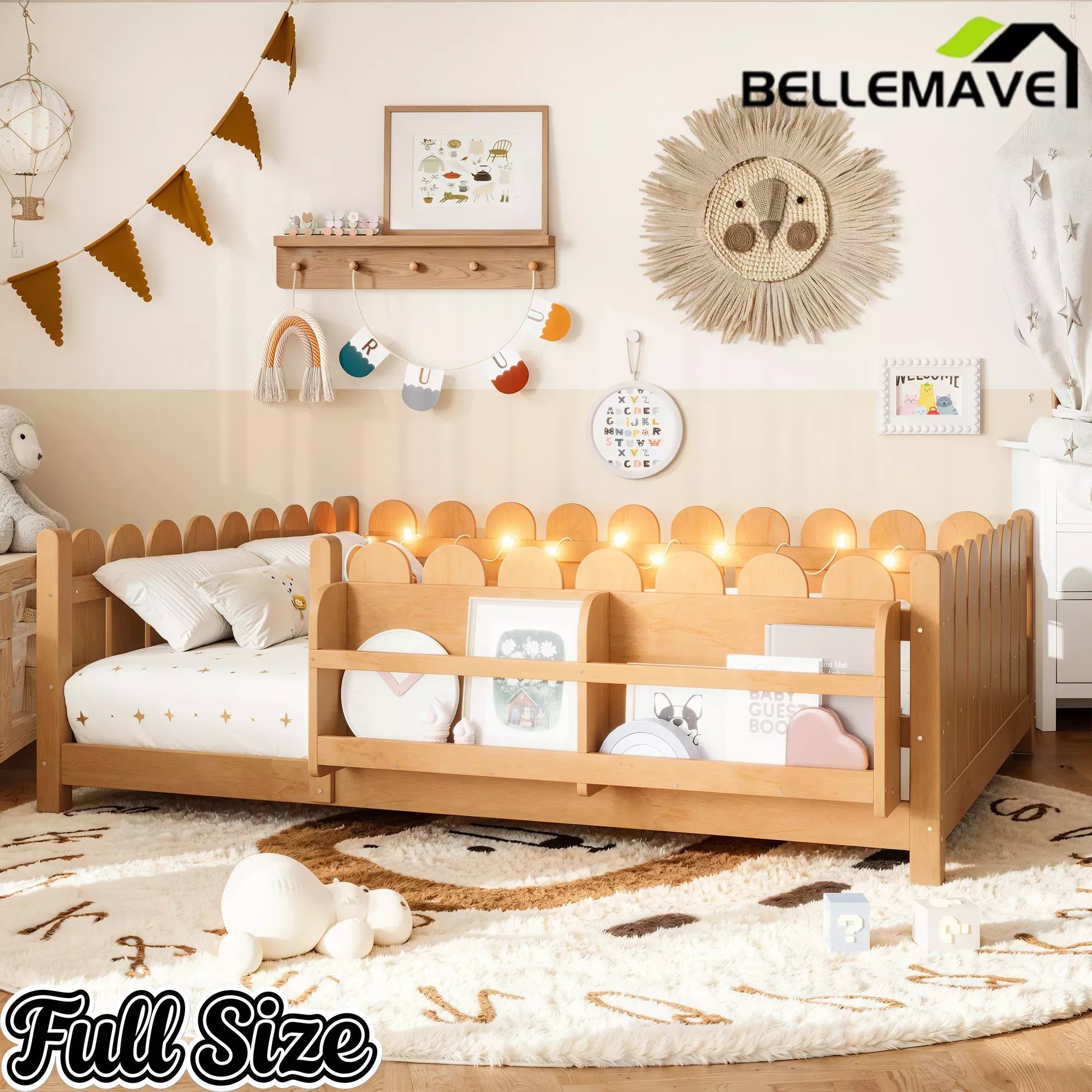 Bellemave® Solid Wood Montessori Floor Bed with High Fence Guardrails, Bookshelf & LED Light, Low Profile Kids Bed Frame Bellemave®