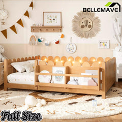 Bellemave® Solid Wood Montessori Floor Bed with High Fence Guardrails, Bookshelf & LED Light, Low Profile Kids Bed Frame Bellemave®