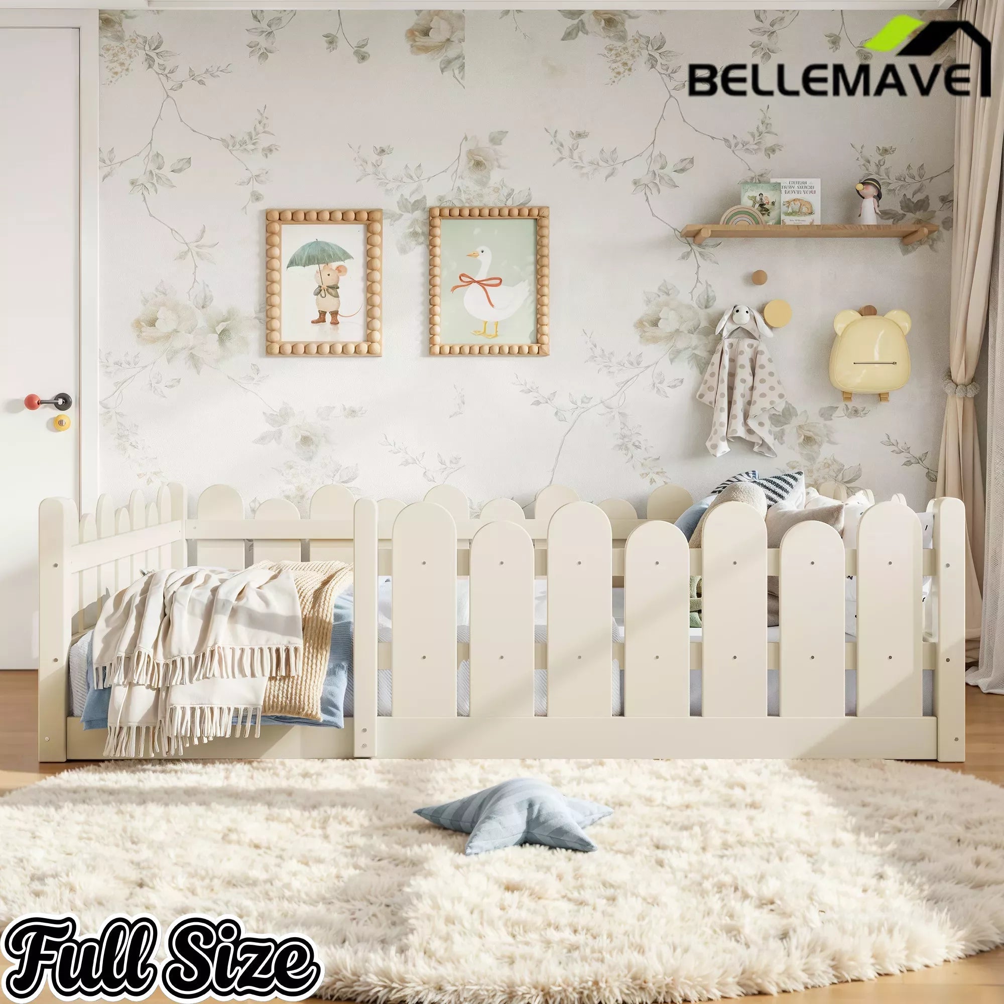 Bellemave® Kids Montessori Floor Bed with Rounded Safety Guardrail,Solid Wood Montessori Bed for Girls & Boys Bellemave®