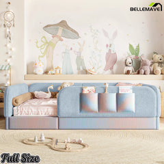 Bellemave® Kids Upholstered Floor Bed with Full Surround Safety Rails, Montessori Low Profile Bed with Teddy Fleece Frame & Side Storage Pocket