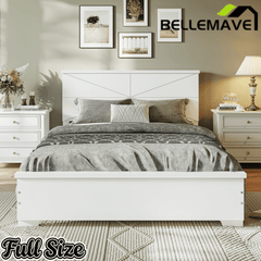 Bellemave® Platform Bed with Chic Design Headboard, Modern Full Bed Frame with Wood Slats Support, Low Profile Design, White