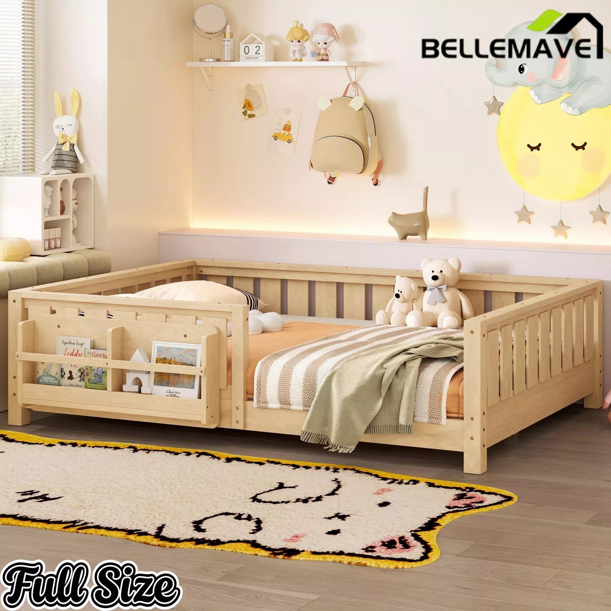 Bellemave® Kids Montessori Floor Bed with Safety Guardrails, Built-in Bookcase & Wooden Slats — Twin, Full, Queen Sizes Bellemave®