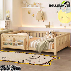 Bellemave® Kids Montessori Floor Bed with Safety Guardrails, Built-in Bookcase & Wooden Slats — Twin, Full, Queen Sizes Bellemave®