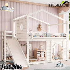 Bellemave® House Loft Bed with Slide, Bookshelves & Built-in Wardrobe | Natural Wood Playhouse Bunk Bed for Kids Bellemave®