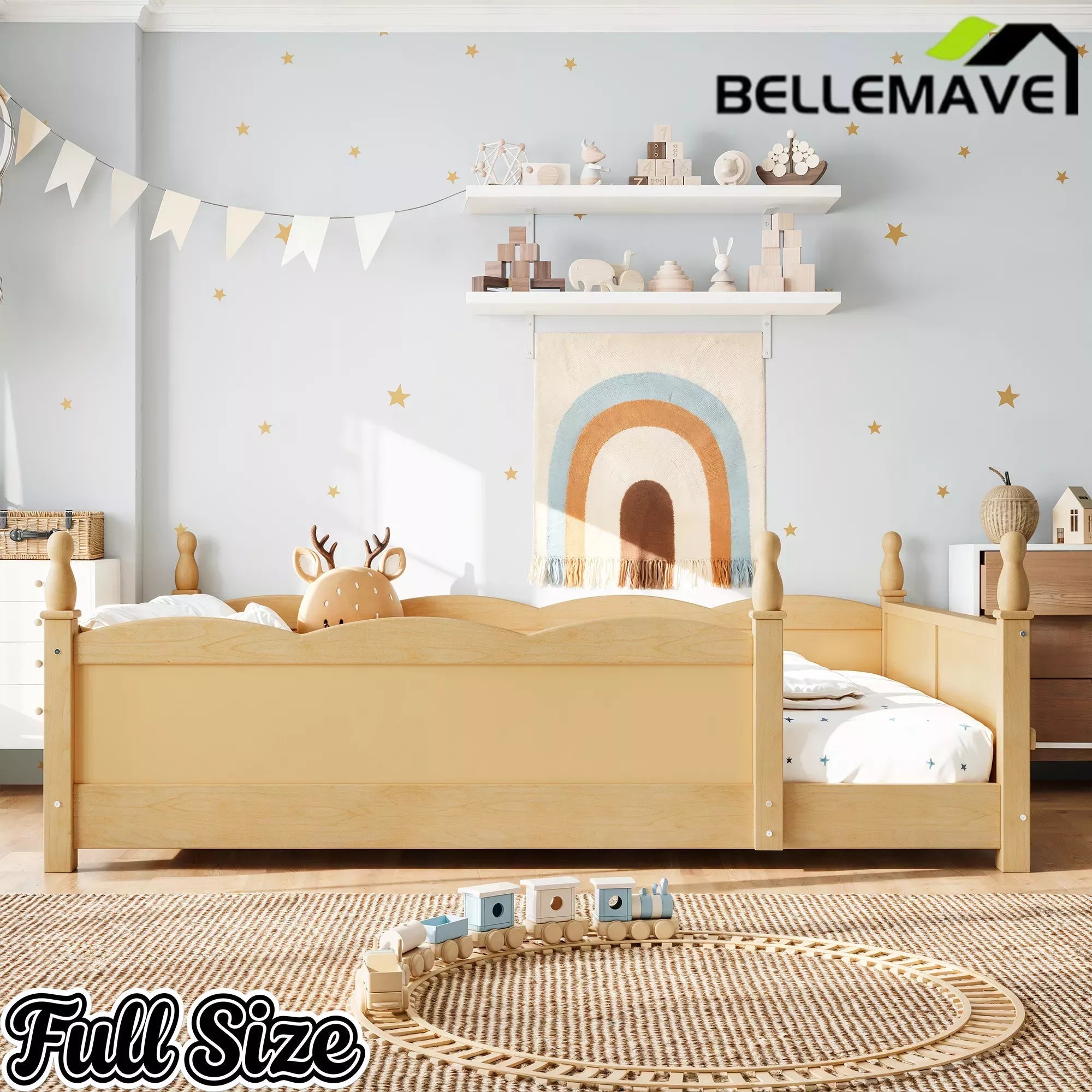 Bellemave® Floor Bed with Bookshelf & Safety Guardrails for Kids, Wooden Montessori Bed Frame with Childlike Design for Girls Boys Bellemave®