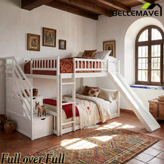 Bellemave® Full over Full Size Bunk Bed with Slide & Storage Stairs for Kids | Solid Wood Low Bunk with Safety Guardrails, No Box Spring, White Bellemave®
