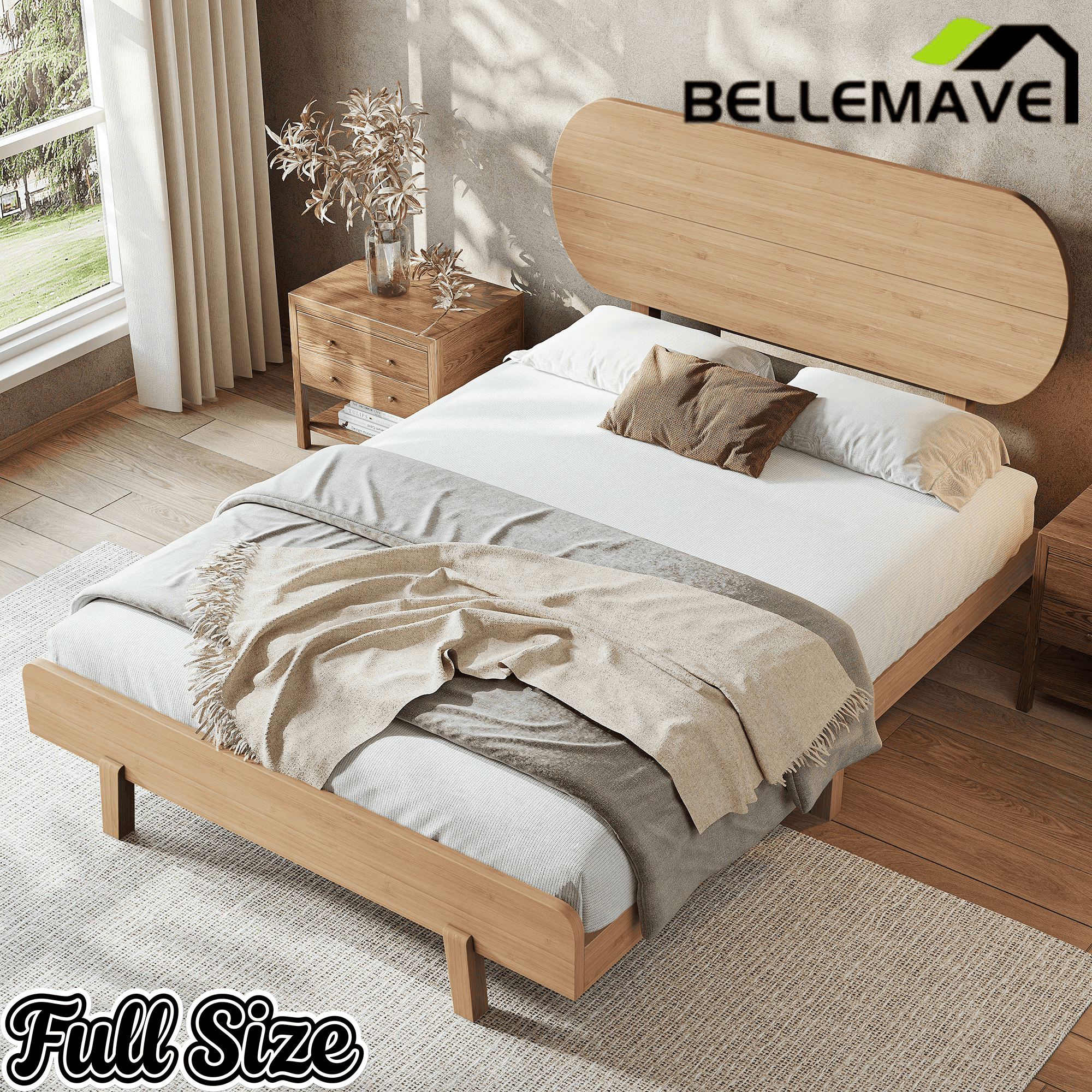 Bellemave® Bamboo Bed Frame with Headboard,Bamboo Platform Bed Frame with Rounded Headboard and Wood Slats,Easy Assembly Bellemave®