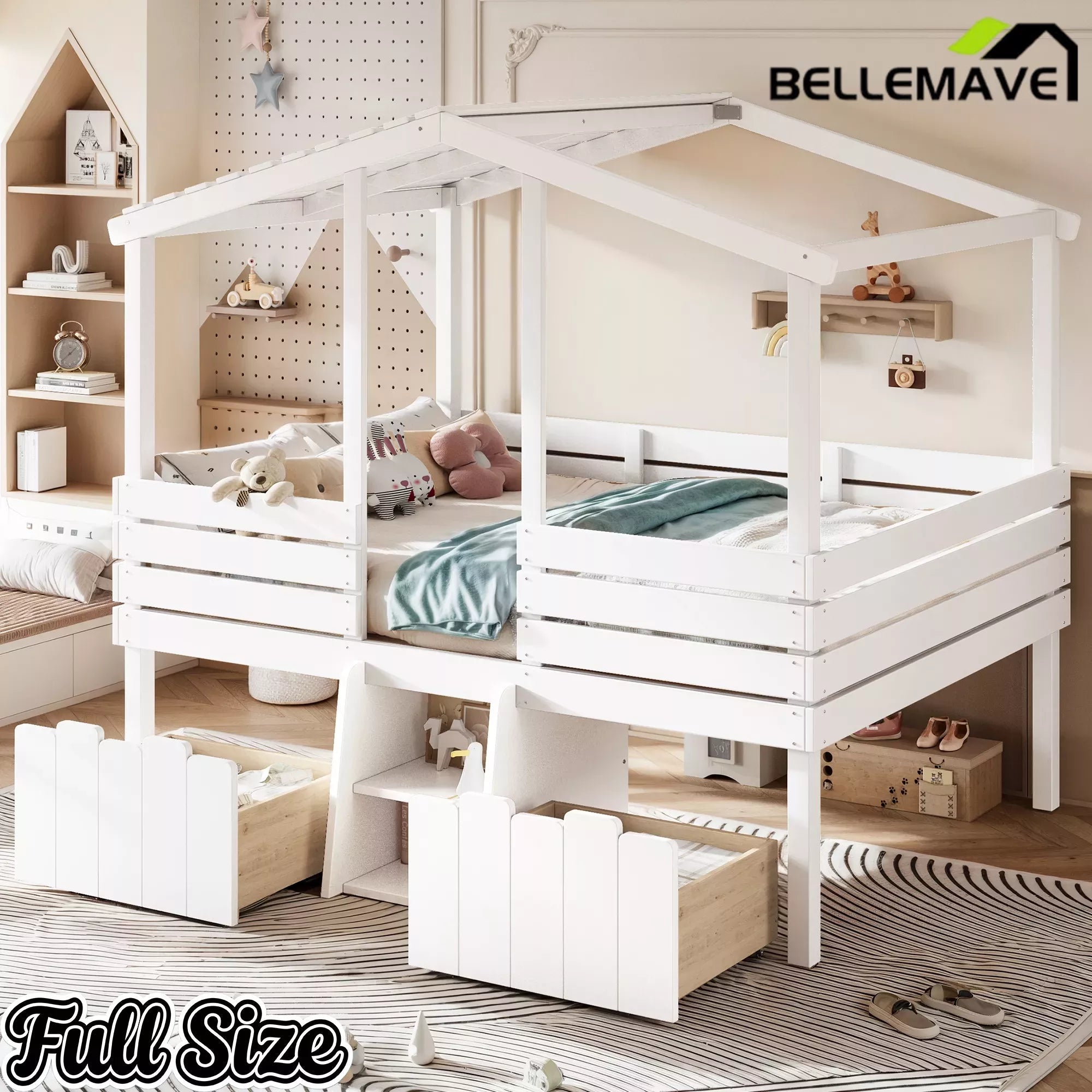 Bellemave® House Bed with Stairs & Storage Drawers for Kids, Wood Low Loft Bed Frame, House-shaped Roof, Childlike Design, Farmhouse Style Bellemave®