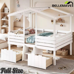 Bellemave® House Bed with Stairs & Storage Drawers for Kids, Wood Low Loft Bed Frame, House-shaped Roof, Childlike Design, Farmhouse Style Bellemave®