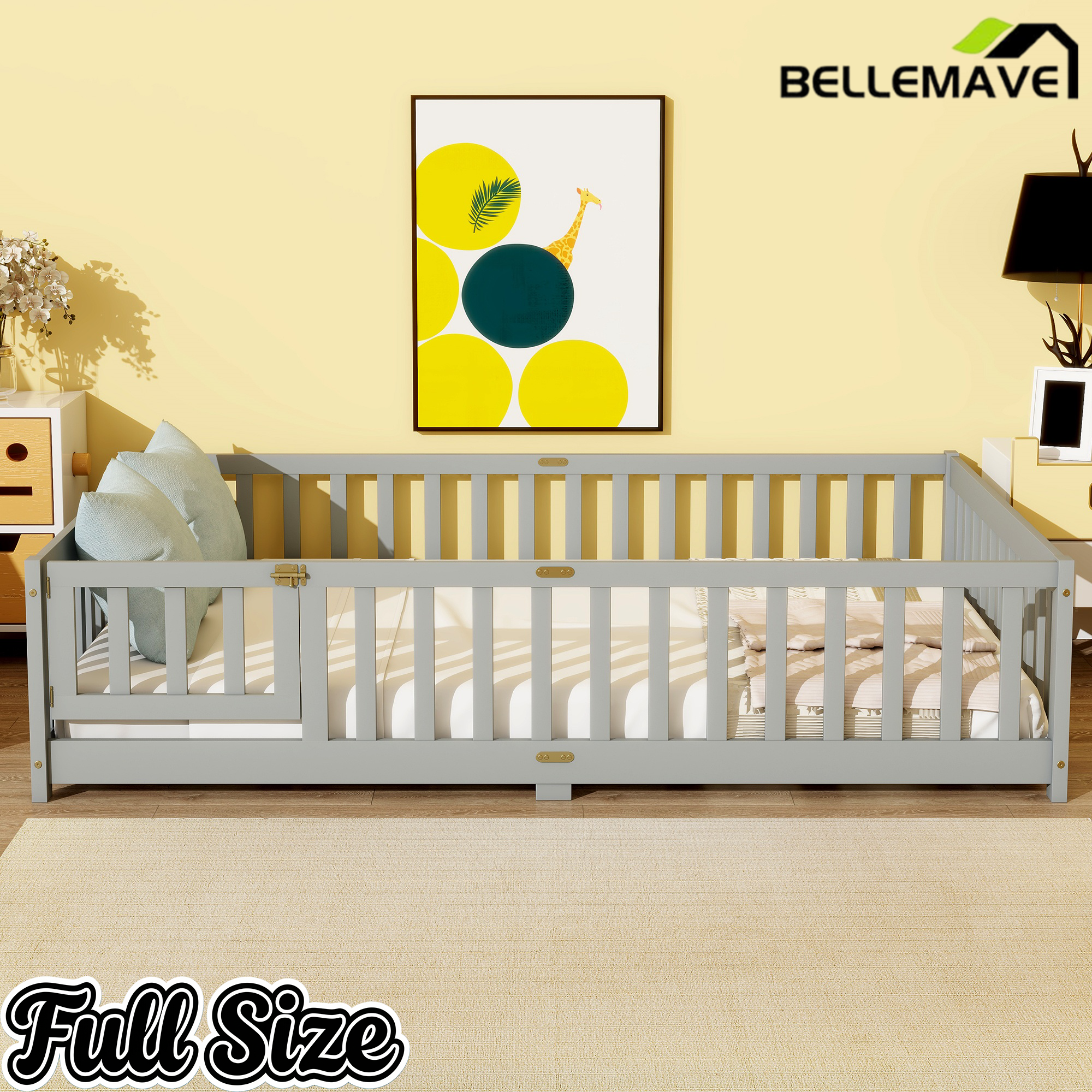 Bellemave® Twin Size Montessori Floor Bed for Kids,Twin Floor Bed Frame with Slats,Solid Wood Twin Bed Frame for Girls Boys,Grey Bellemave®