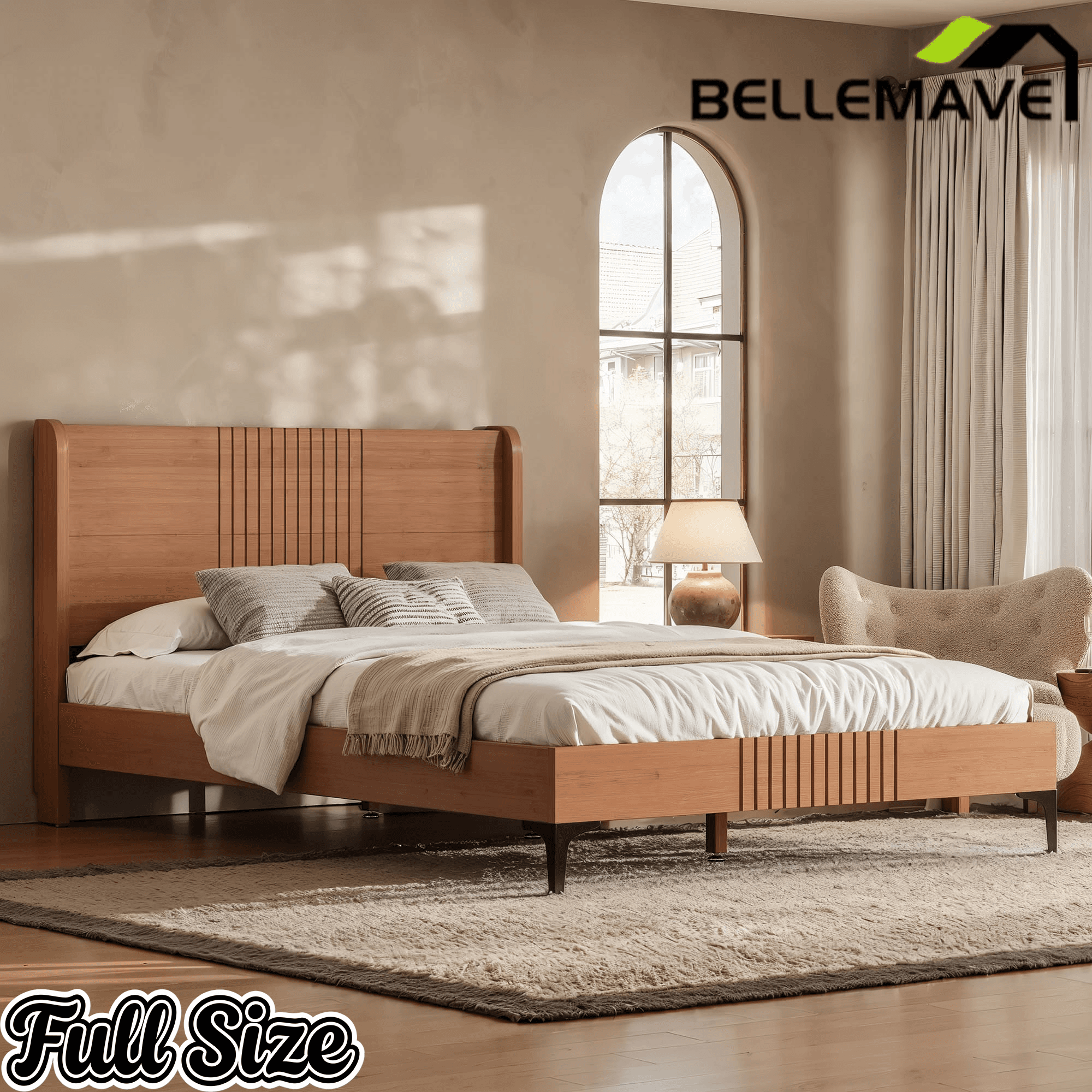 Bellemave® Solid Bamboo Platform Bed, Mid-Century Modern Bed Frame with Headboard, Round Corner Design Bellemave®