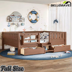 Bellemave® Montessori Bed with Stairs, Rails & Slats, Montessori Floor Bed with Bookshelf & 2 Storage Drawers for Girls & Boys Bellemave®