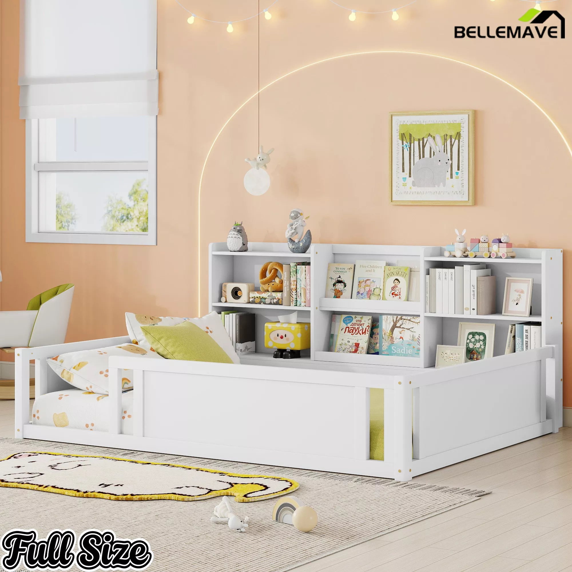 Full size wooden kids floor bed with guardrails and storage shelves