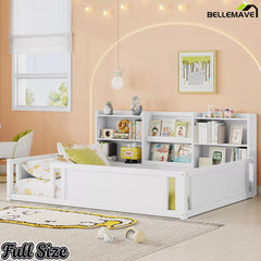 Full size wooden kids floor bed with guardrails and storage shelves