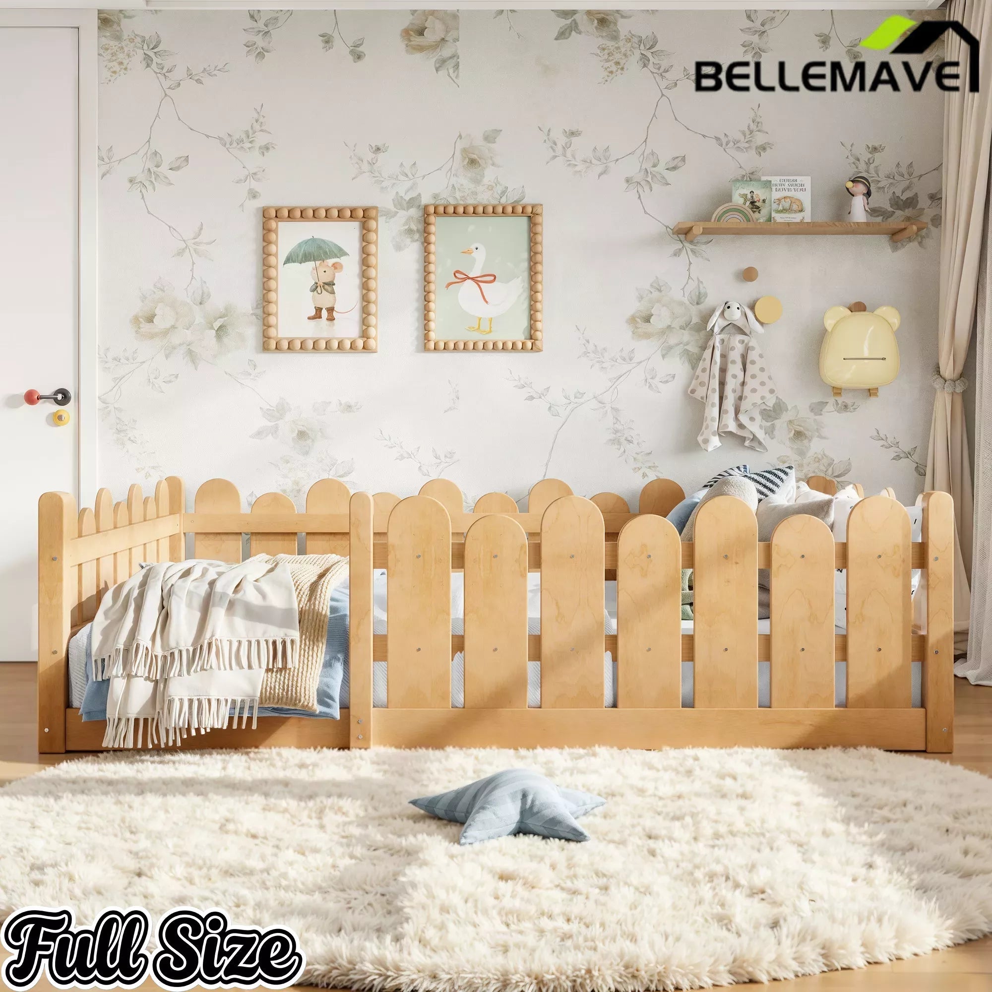Bellemave® Kids Montessori Floor Bed with Rounded Safety Guardrail,Solid Wood Montessori Bed for Girls & Boys Bellemave®
