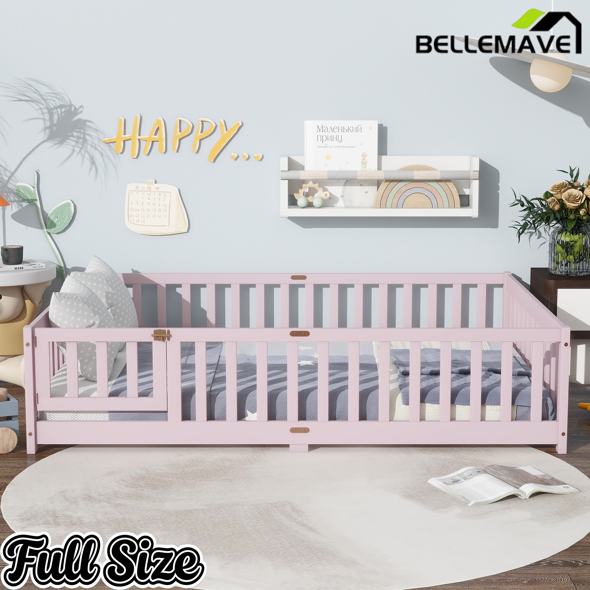 Bellemave® Twin Size Montessori Floor Bed for Kids,Twin Floor Bed Frame with Slats,Solid Wood Twin Bed Frame for Girls Boys,Grey Bellemave®