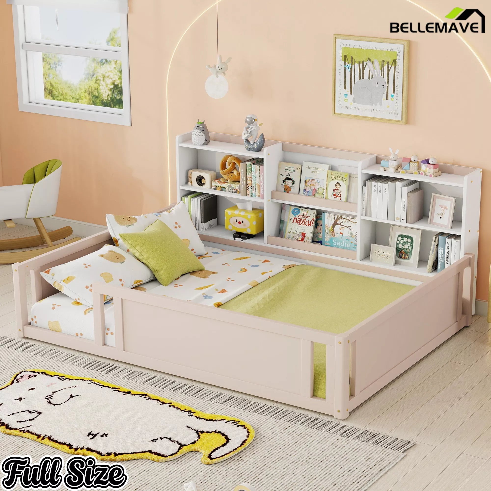 Kids Montessori floor bed with bookshelf storage and guardrails