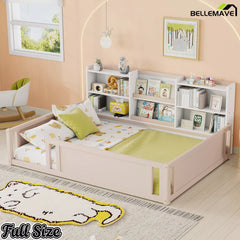 Kids Montessori floor bed with bookshelf storage and guardrails