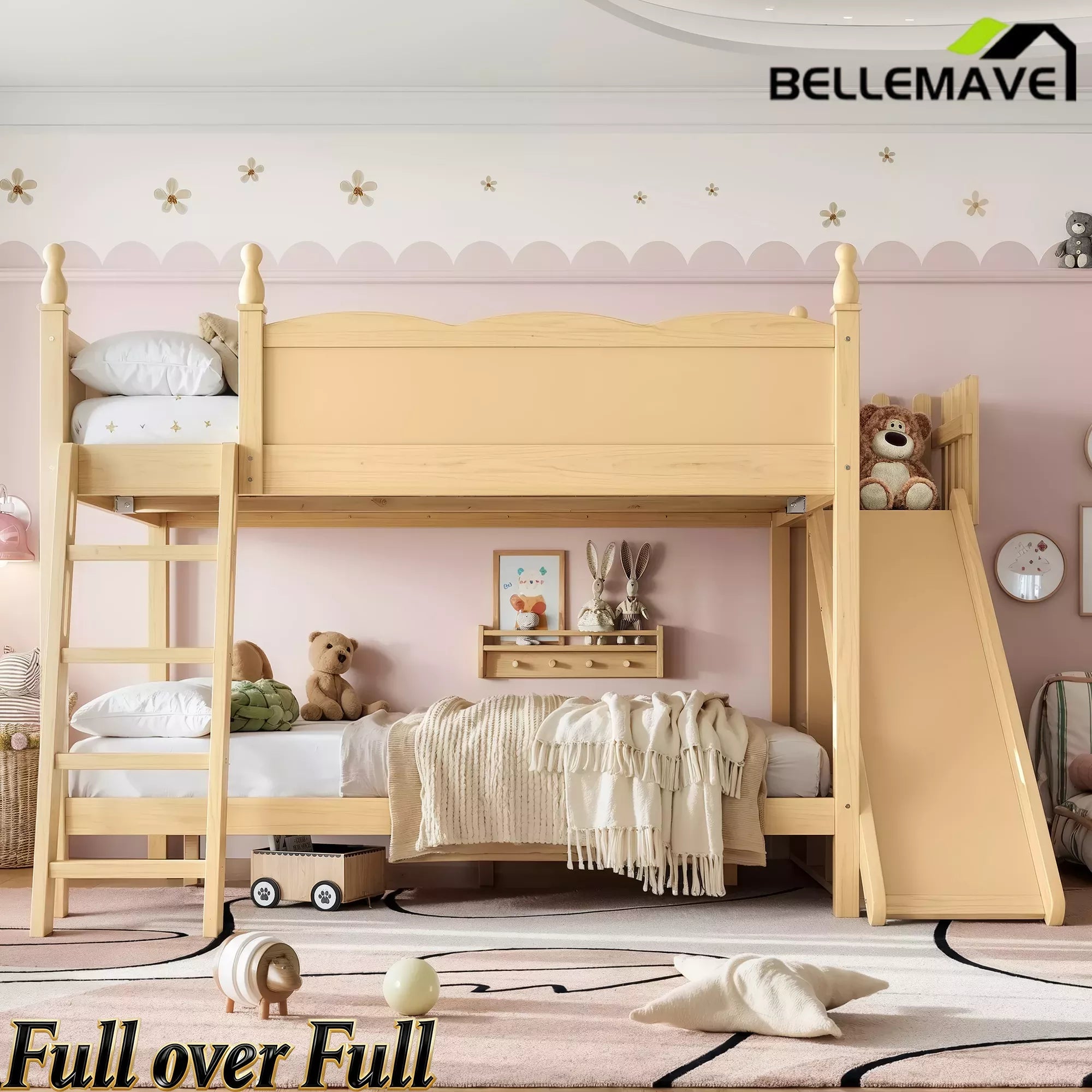 Bellemave® Full over Full Bunk Bed with Storage Shelves,Solid Wood Bed with Slide & Ladders, Low Profile Design Bellemave®