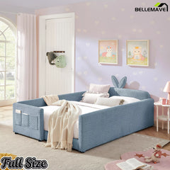 Cute Bunny Ear Full Size Kids Platform Bed, Boucle Fabric Upholstered Bed Frame with Surround Safety Guardrails and Storage Pockets, Blue Kids Bedroom Furniture