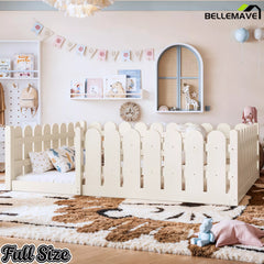 Bellemave® Solid Wood Montessori Floor Bed with Fence Guardrails, Low Profile Kids Floor Bed Frame