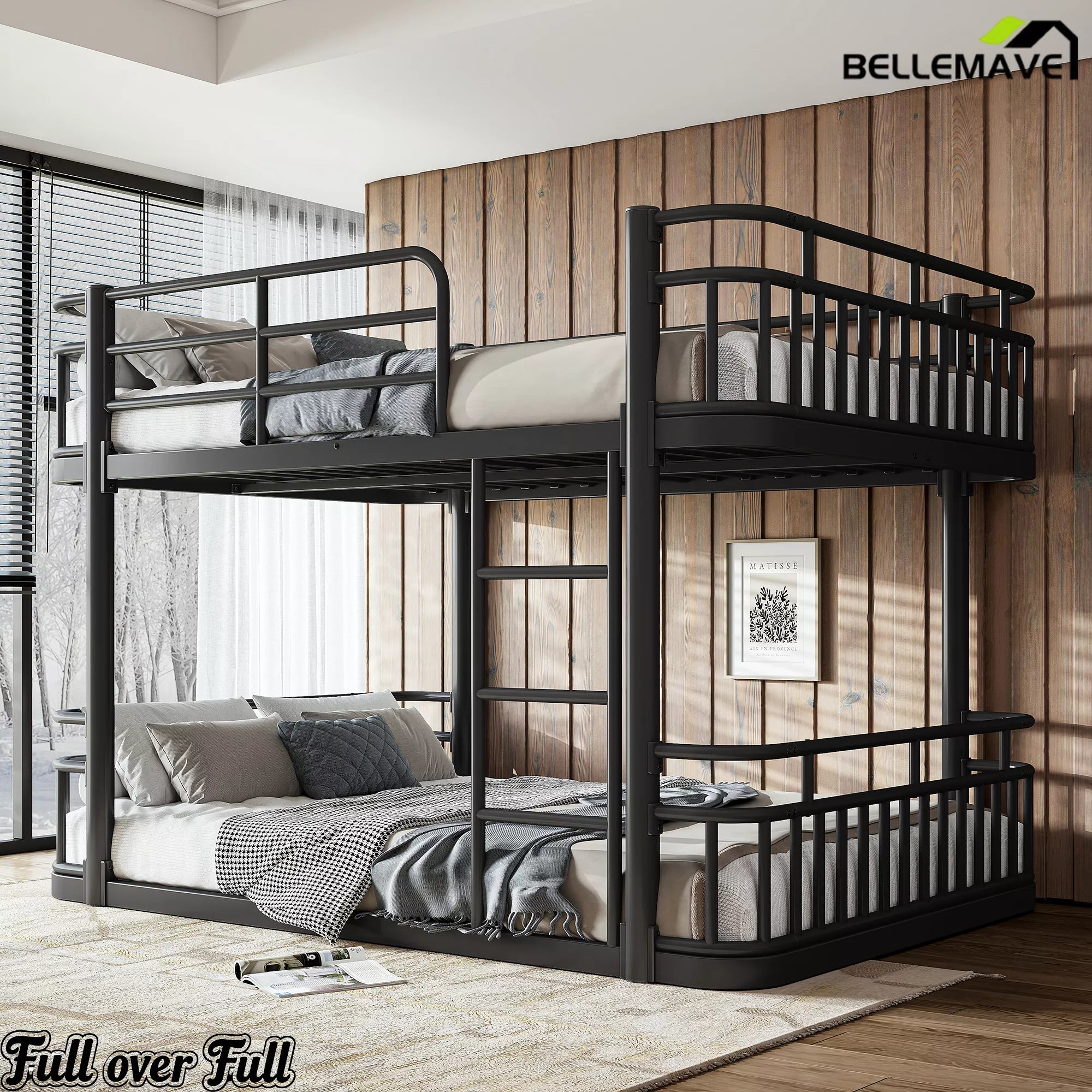 black full size bunk bed bedroom setup