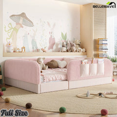 Bellemave® Kids Upholstered Floor Bed with Full Surround Safety Rails, Montessori Low Profile Bed with Teddy Fleece Frame & Side Storage Pocket