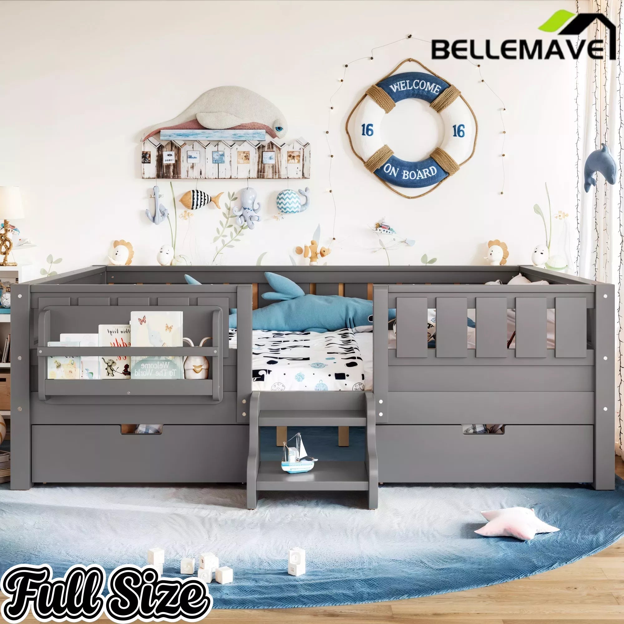 Bellemave® Montessori Bed with Stairs, Rails & Slats, Montessori Floor Bed with Bookshelf & 2 Storage Drawers for Girls & Boys Bellemave®
