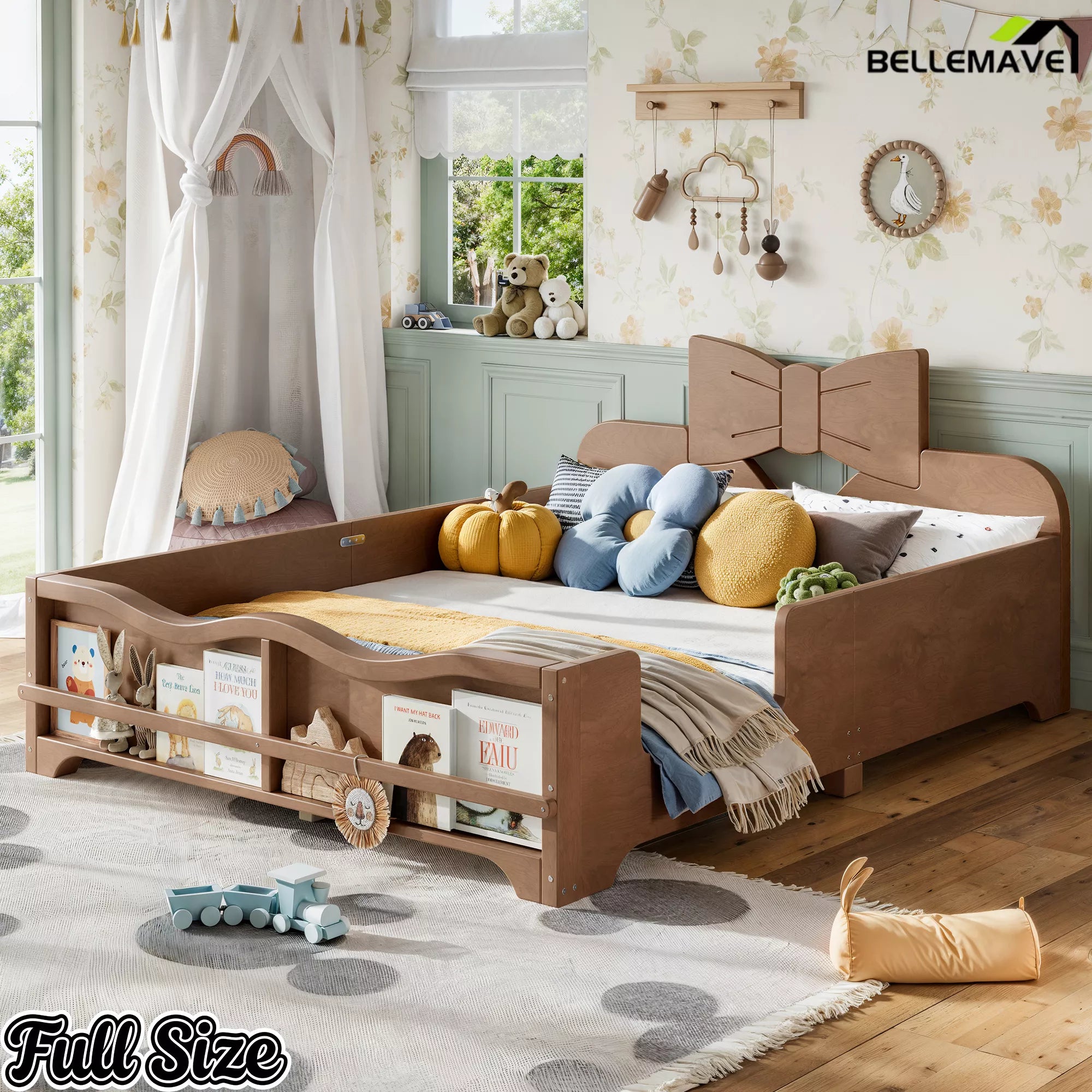 Walnut full size wooden kids platform bed with bow headboard, surrounding safety rails and footboard book storage