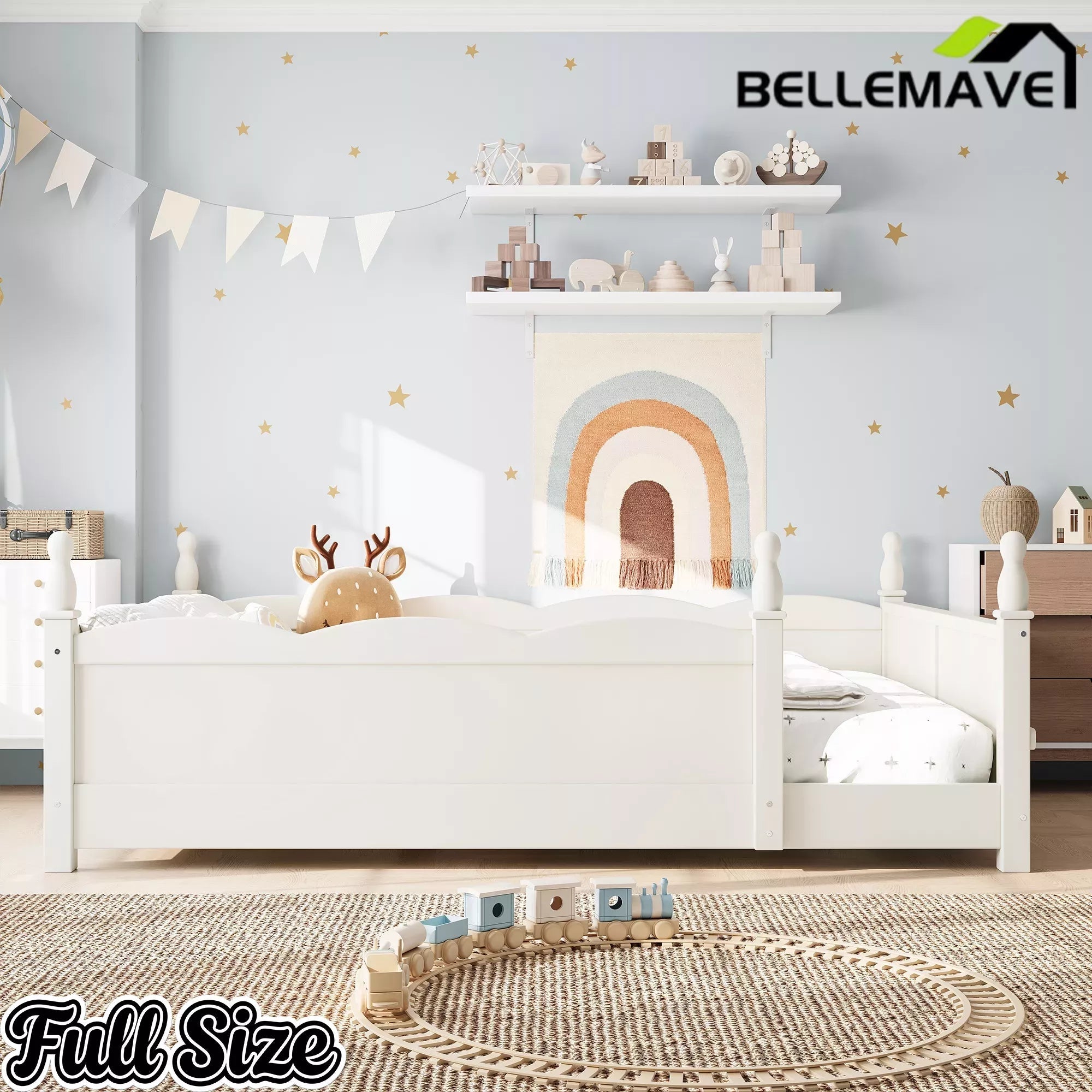 Bellemave® Floor Bed with Bookshelf & Safety Guardrails for Kids, Wooden Montessori Bed Frame with Childlike Design for Girls Boys Bellemave®