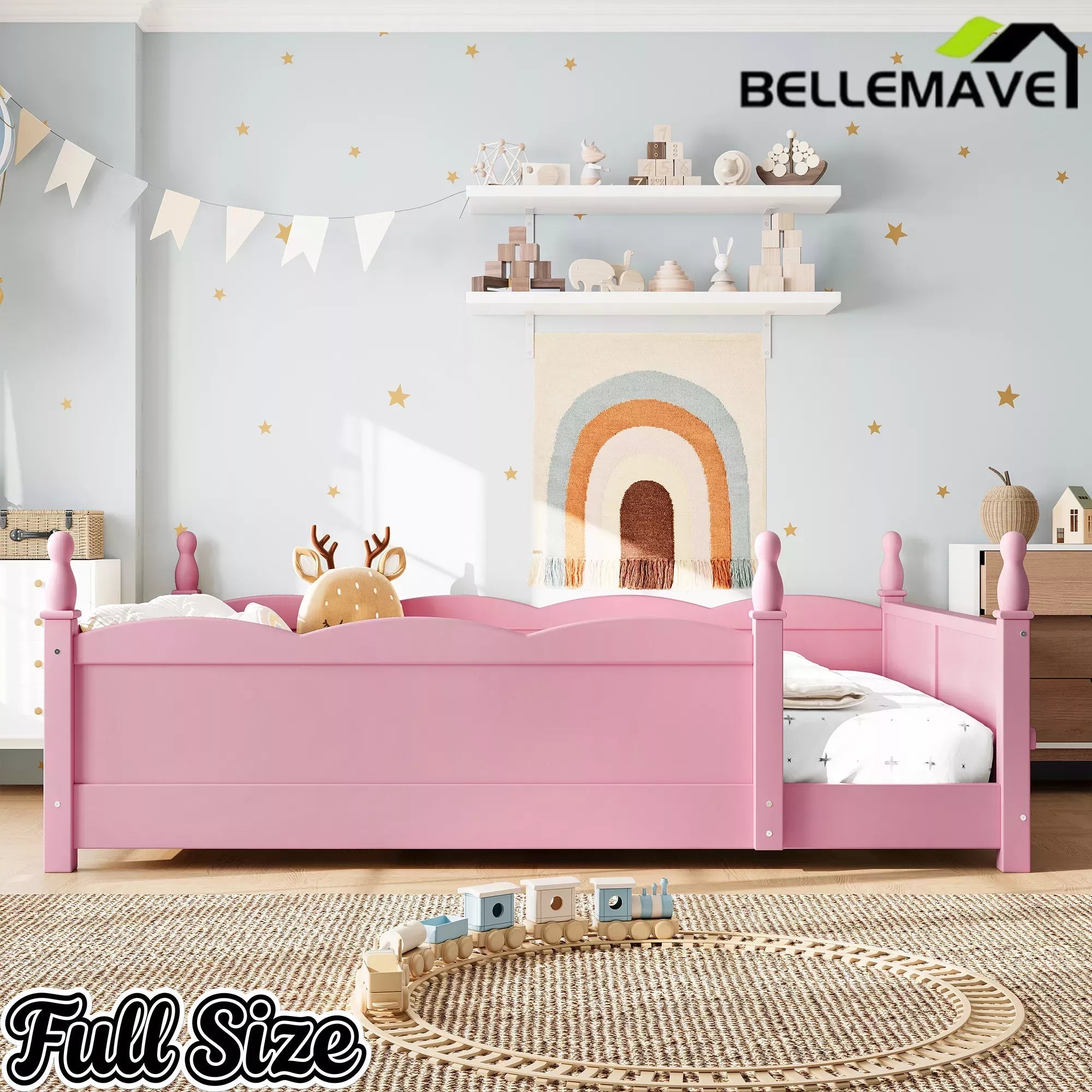 Bellemave® Floor Bed with Bookshelf & Safety Guardrails for Kids, Wooden Montessori Bed Frame with Childlike Design for Girls Boys Bellemave®