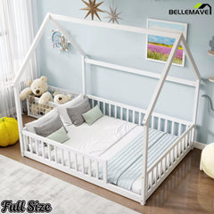 Bellemave® white full Montessori floor bed setup in bedroom