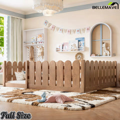 Bellemave® Solid Wood Montessori Floor Bed with Fence Guardrails, Low Profile Kids Floor Bed Frame