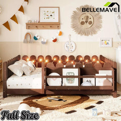 Bellemave® Solid Wood Montessori Floor Bed with High Fence Guardrails, Bookshelf & LED Light, Low Profile Kids Bed Frame Bellemave®
