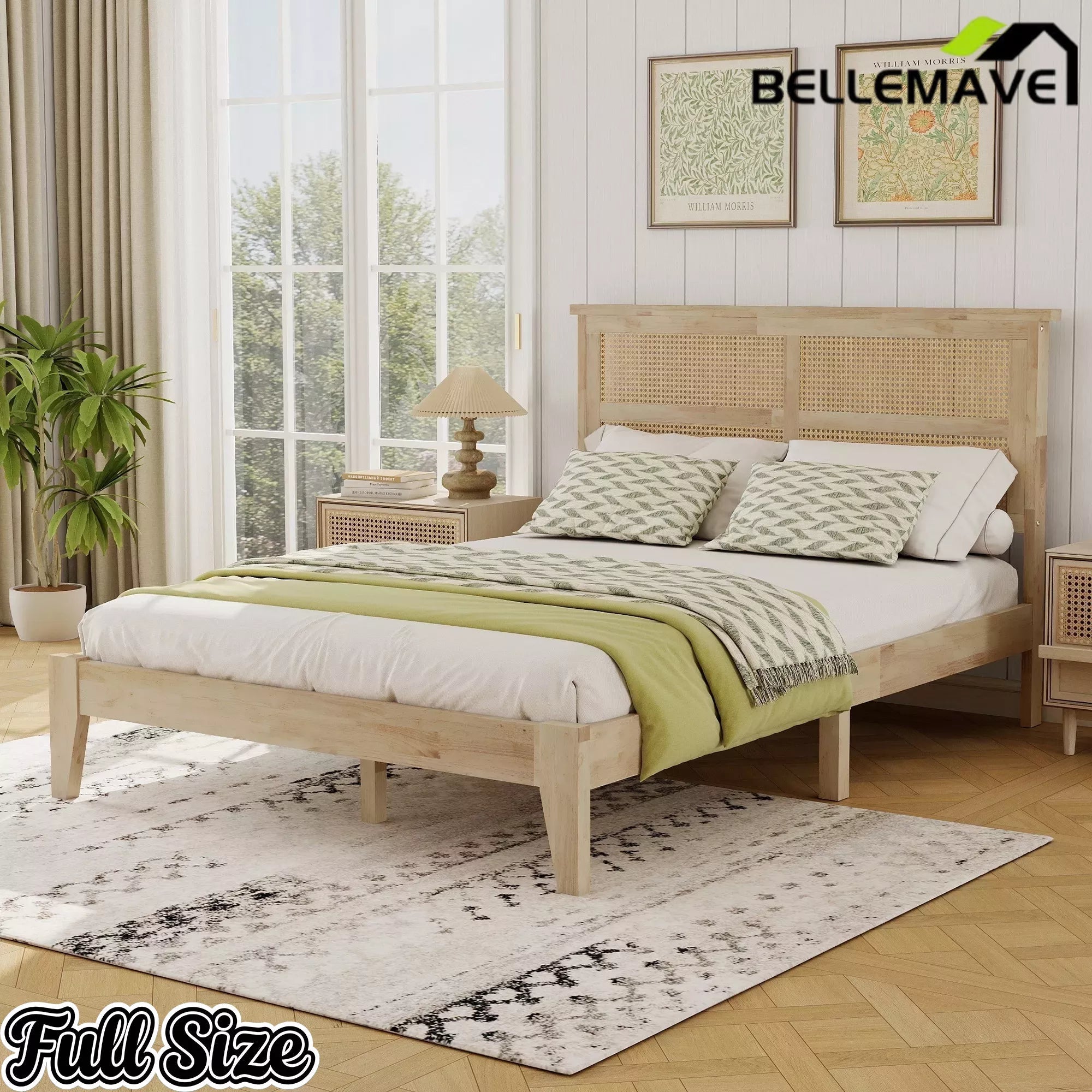 Bellemave® Boho Bed with Rattan Headboard — Solid Rubberwood Frame, Reinforced Base Bellemave®