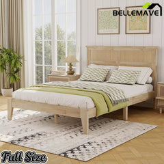 Bellemave® Boho Bed with Rattan Headboard — Solid Rubberwood Frame, Reinforced Base Bellemave®