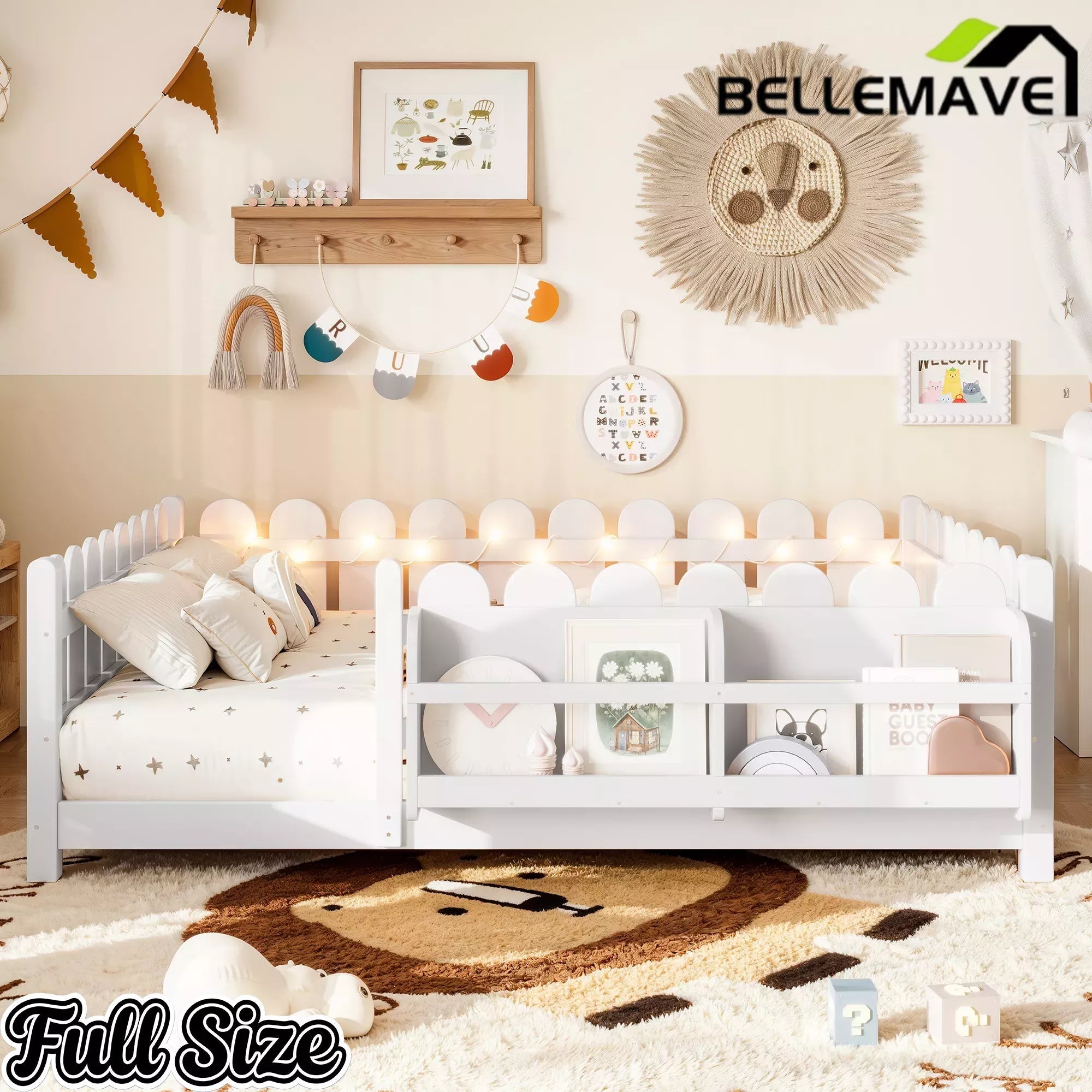 Bellemave® Solid Wood Montessori Floor Bed with High Fence Guardrails, Bookshelf & LED Light, Low Profile Kids Bed Frame Bellemave®