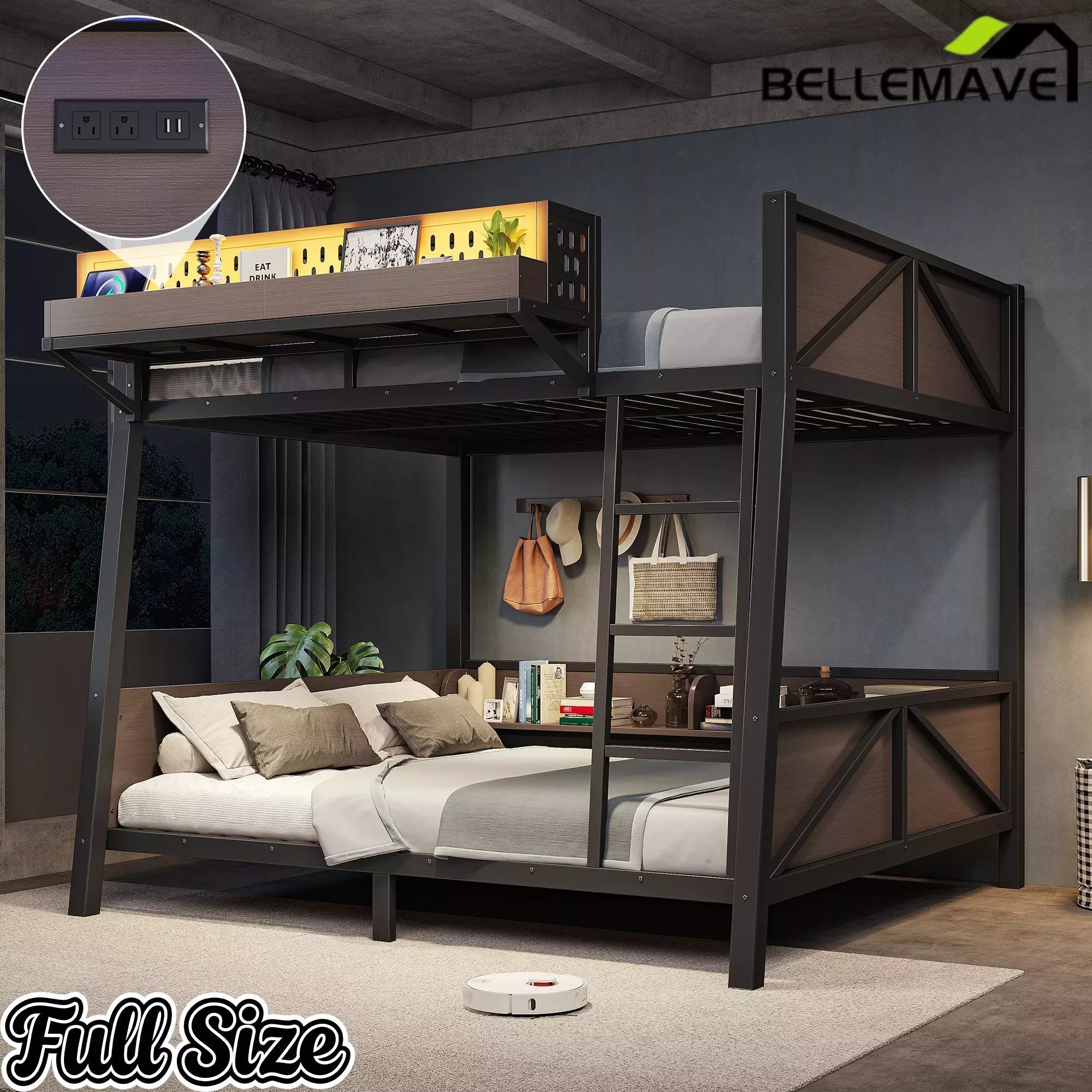 Bellemave® Heavy Duty Metal Bunk Bed Frame with Storage Shelves, LED Lights & USB Ports, Black Bellemave®