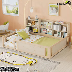 Wooden floor bed with built-in shelves and low profile design