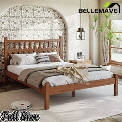 Bellemave® Bamboo Platform Bed with Diamond-shaped headboard, Solid Bamboo-made Bed Frame with Support Slats, for Bedroom, Guest Rooms, Brown Bellemave®